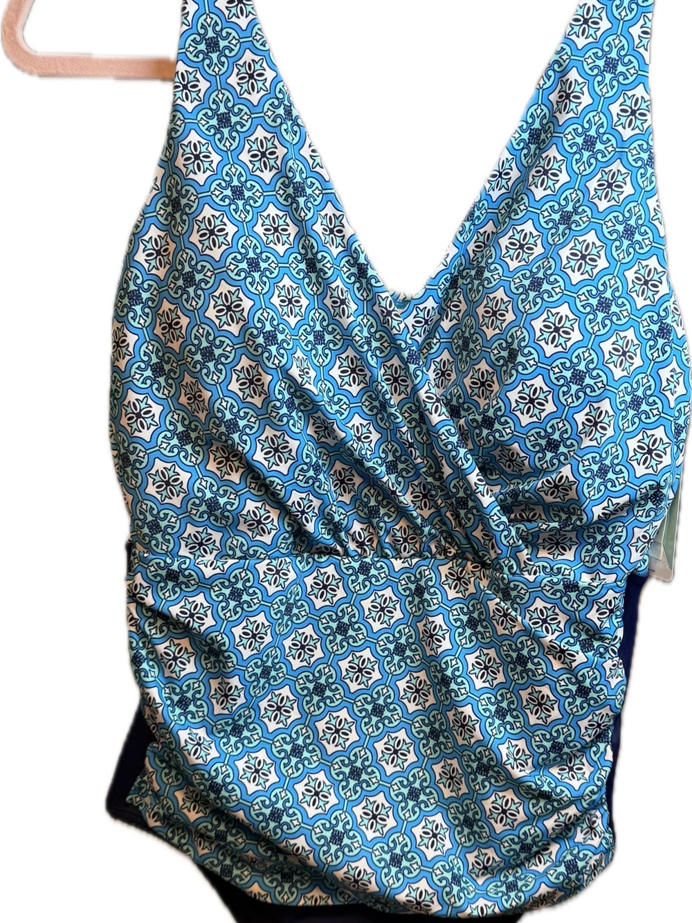 Swim Solutions Blue and White Tile-Print V-Neck Camisole Tankini Top